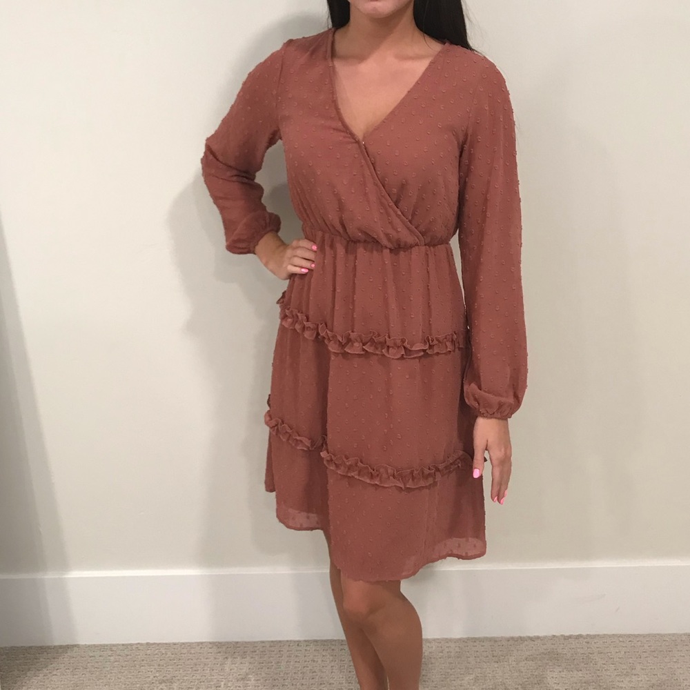 Swiss Dot Long Sleeve Mauve Ruffle Dress (Downeast)